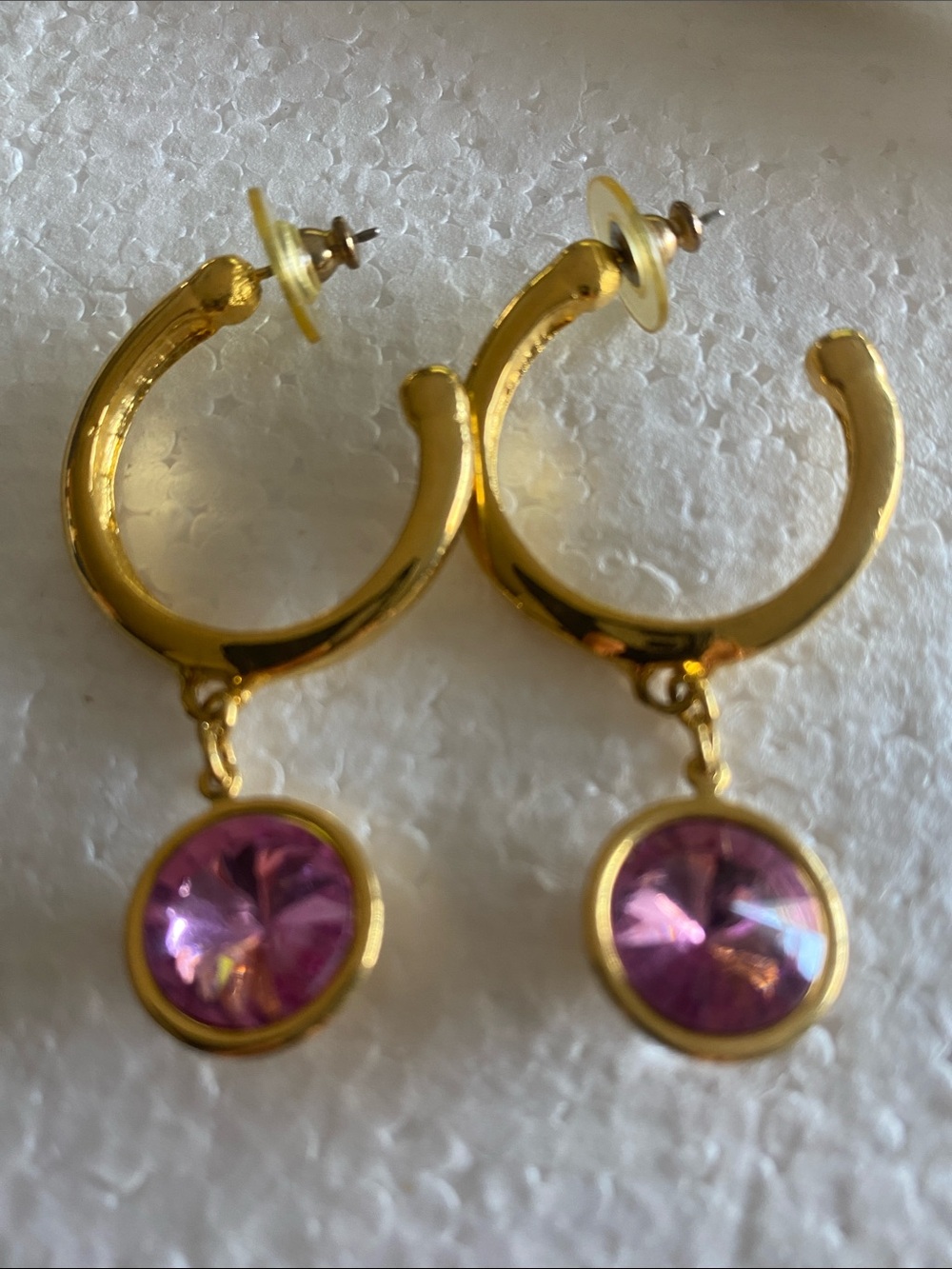 Gold Hoop Earrings with Pink Crystal Dangle